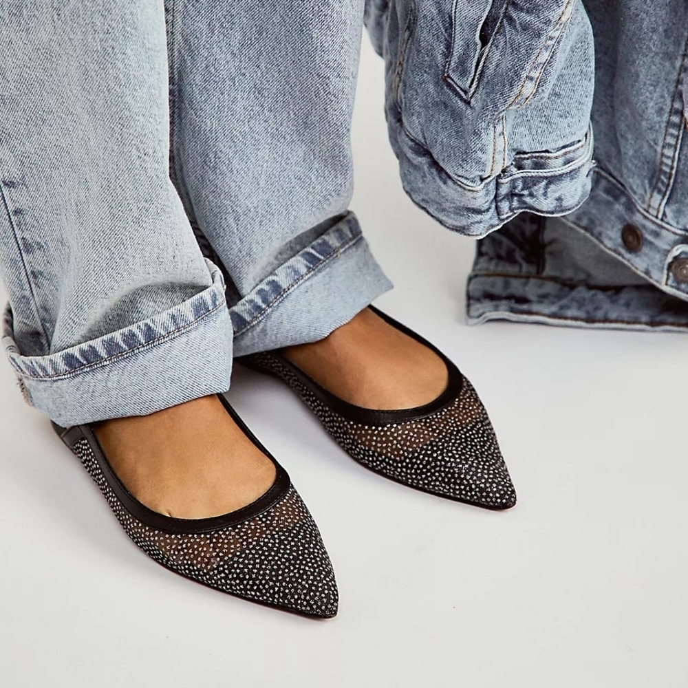Free People Sheer black Glitter Jules Flats pointed toe size 7 NEW NWB